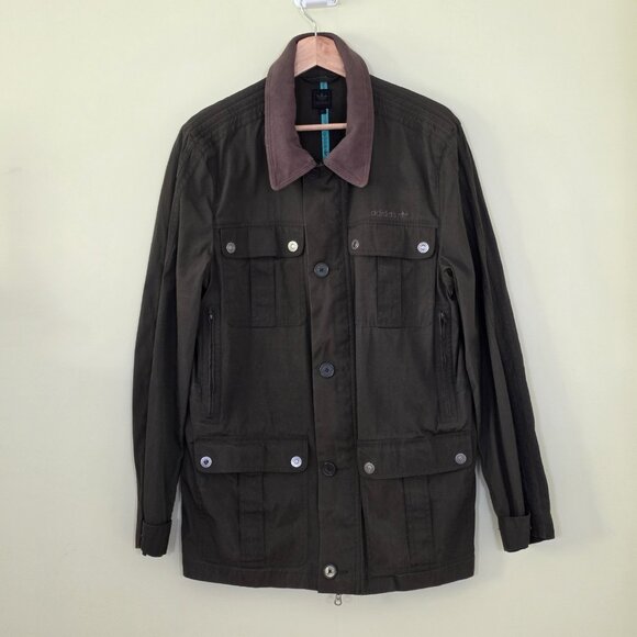 Adidas Jacket Men M Army Green Almost Vtg LS Pockets Two Way Zip Cotton Utility - Picture 1 of 16